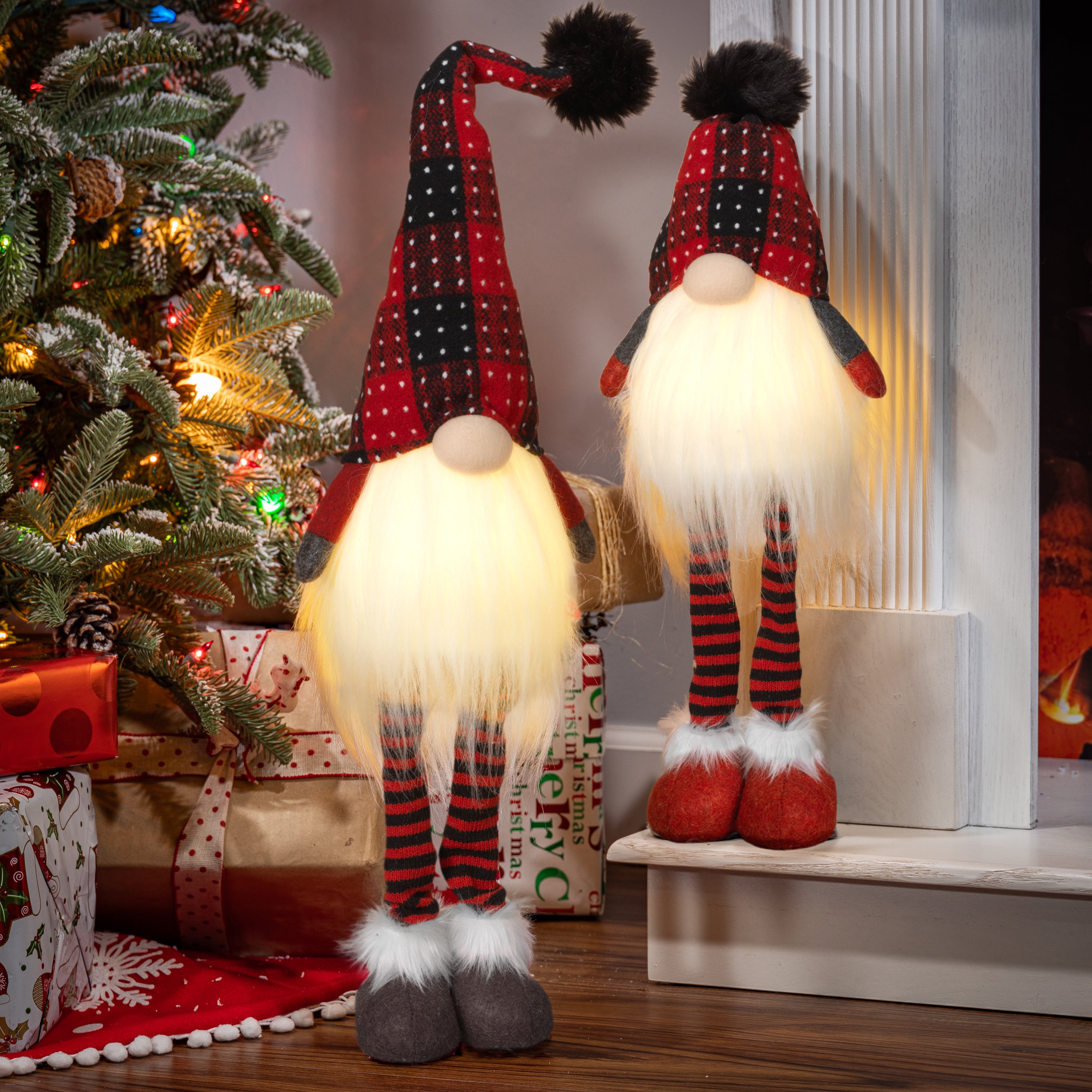 Set of 2 Lighted Plush Red and Black Plaid Holiday Standing Gnomes, Battery Operated
